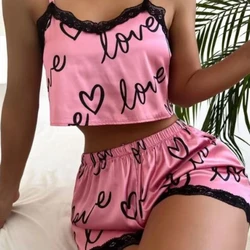 Conjunto de pijama Floral Sexy para mujer, de 2 piezas ropa de dormir, ropa interior de seda satinada con patrón de amor, Top y pantalones cortos