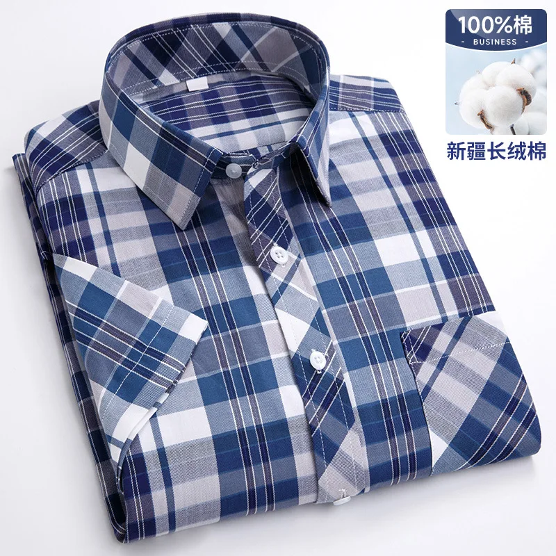 100% cotton 7XL 8XL Men\'s short-sleeved shirt Thin plaid summer high quality with pocket plus size casual wear and breathe