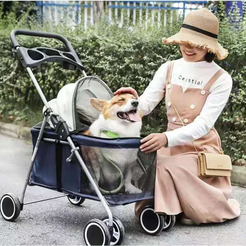 Outdoor Pet Cart Dog Cat Carrier Pet Stroller Multicolor Oxford Cloth Steel Pipe 4-wheels One-key Folding Cat Dog Stroller