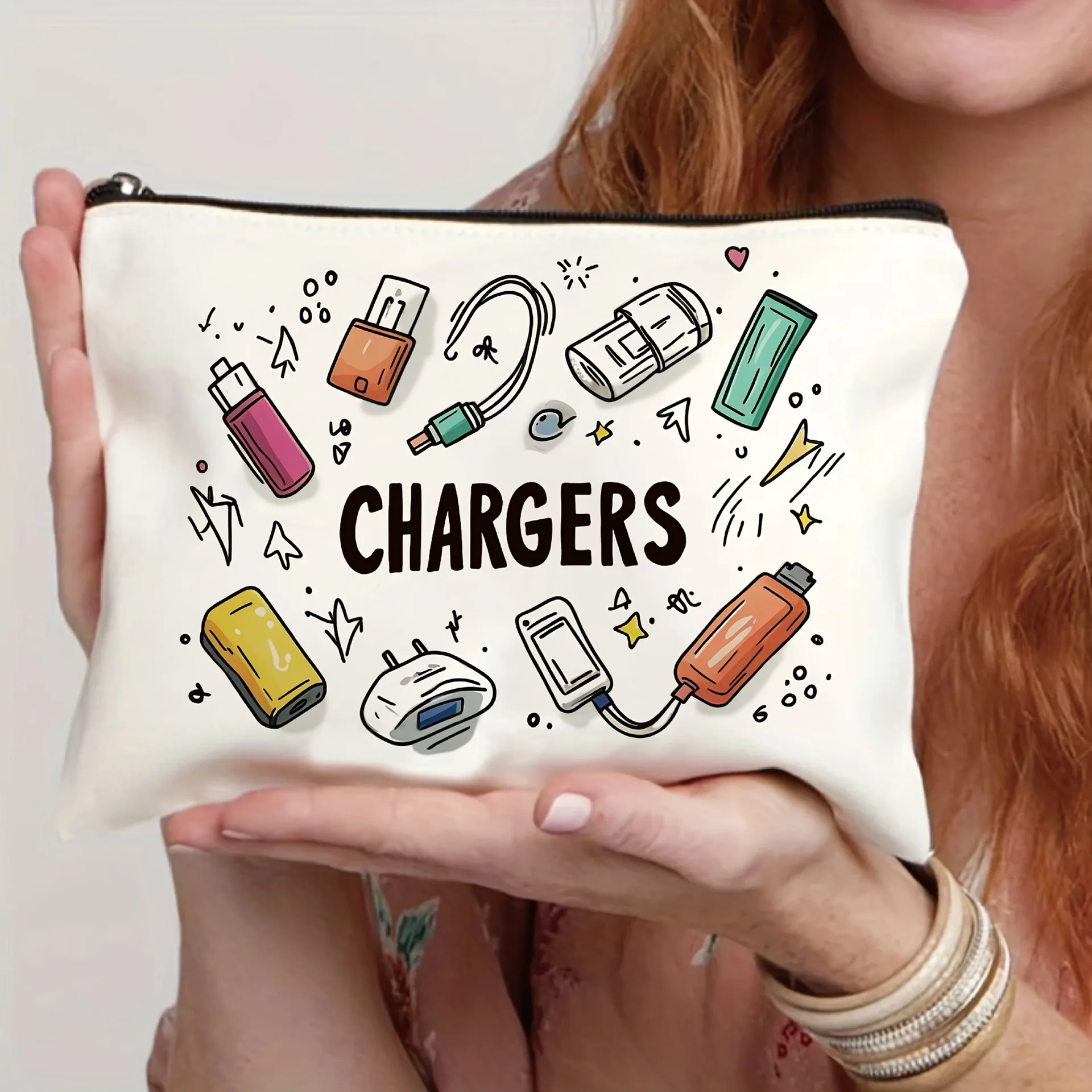 Bolsa de maquillaje de lona de 1 o 2 piezas - bolsa de almacenamiento de viaje ligera y plegable con cremallera - color crema, lindo diseño de cargador