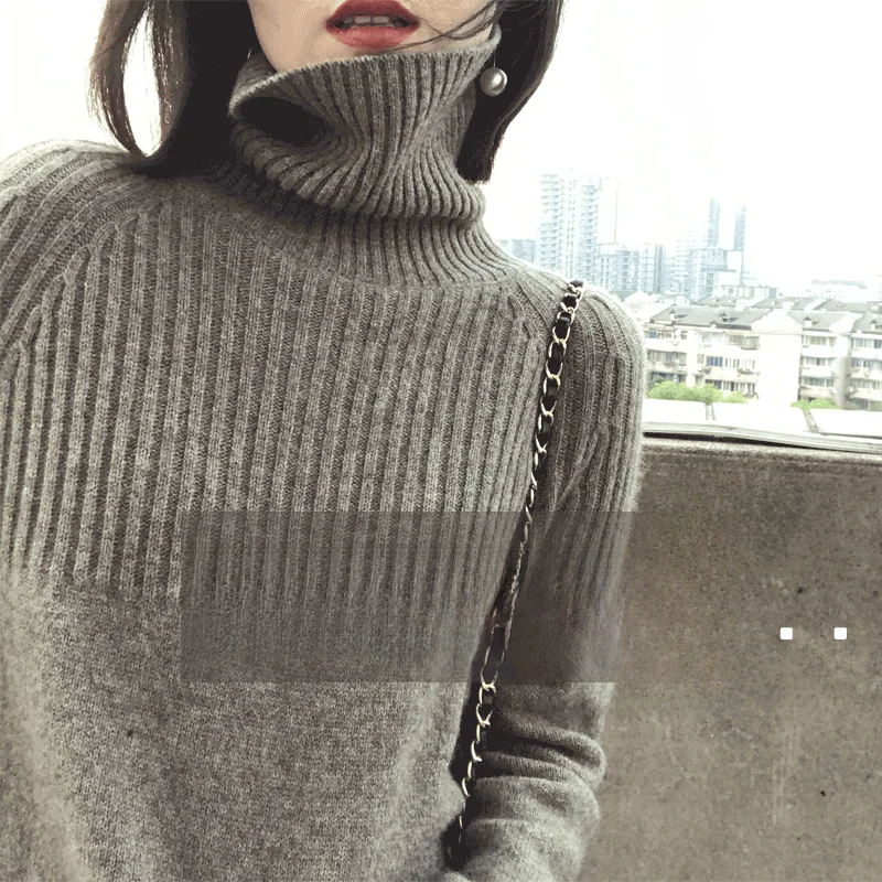 

Свободный шерстяной вязаный свитер, женский свитер с высоким воротником, большой размер, однотонный базовый слой, весенний сезон Faion