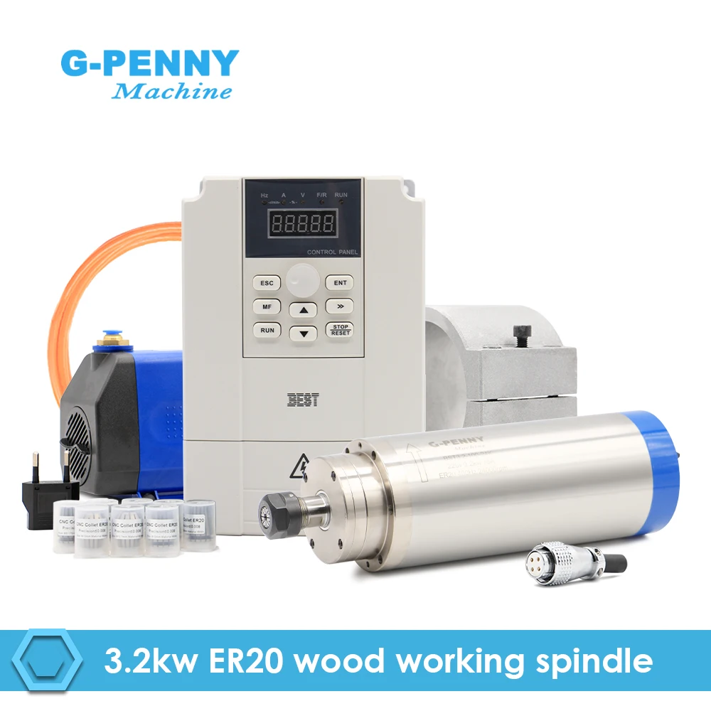 G-Penny 3.2kw ER20 Water Cooled Spindle 4 pcs Ceramic Bearings 0.01mm Accuracy & BEST inverter & 100mm bracket & water pump