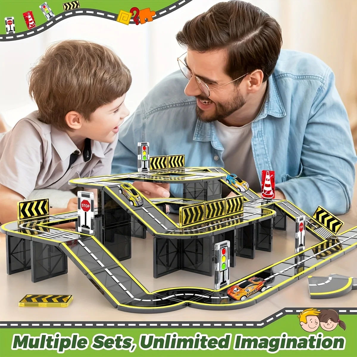 ของเล่นบล็อกแม่เหล็ก - รางถนนแม่เหล็กพร้อมรถ, ของเล่นเสริมสร้างทักษะ STEM สำหรับการสร้างสรรค์