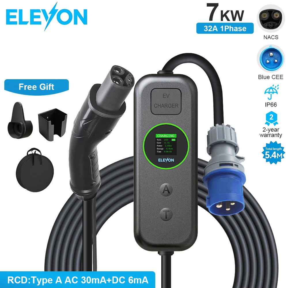 ELEVON 7KW Portable EV Charger Suitable  Electric Car Charger 32A Single-Phase NACS EV Charging Cable For Tesla Model 3/X/Y/S