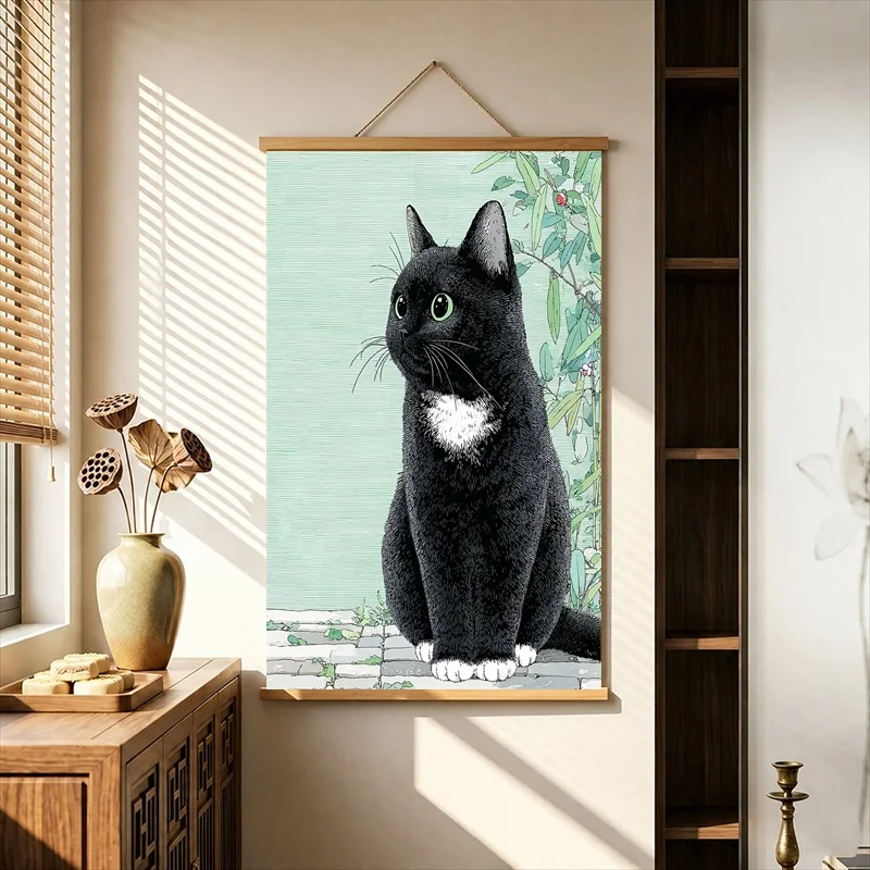 Kawaii Room Decor Black Cats in a Secret Garden, Whimsical Botanical Pearlescent Canvas Hanging Scroll for Aesthetic Bedroom