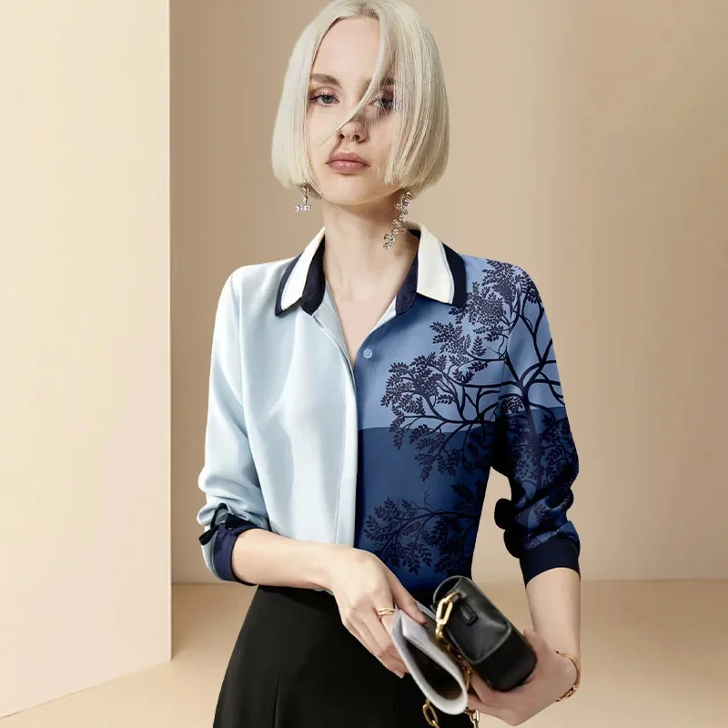 

Classic Lapel Plant Print Contrast Color Shirt Women 2025 Autumn Office Lady Commuting Top Elegant Long Sleeve Casual Slim