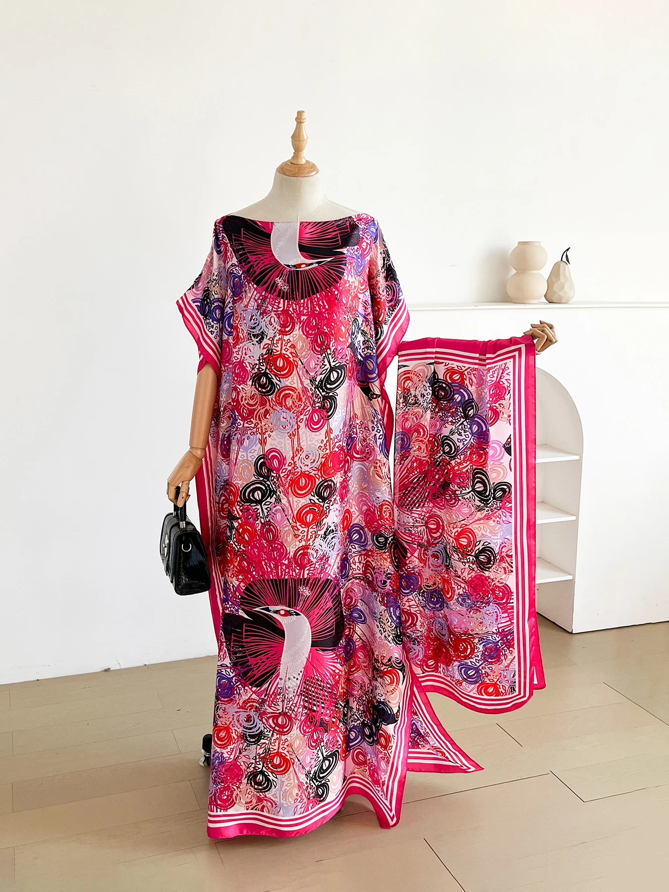 Elegant Printed Silk African Shawl Summer Fashion Long Hijab Kaftan Dress Oversize Muslim Lady Kuwait Abaya Scarf for Women view 5