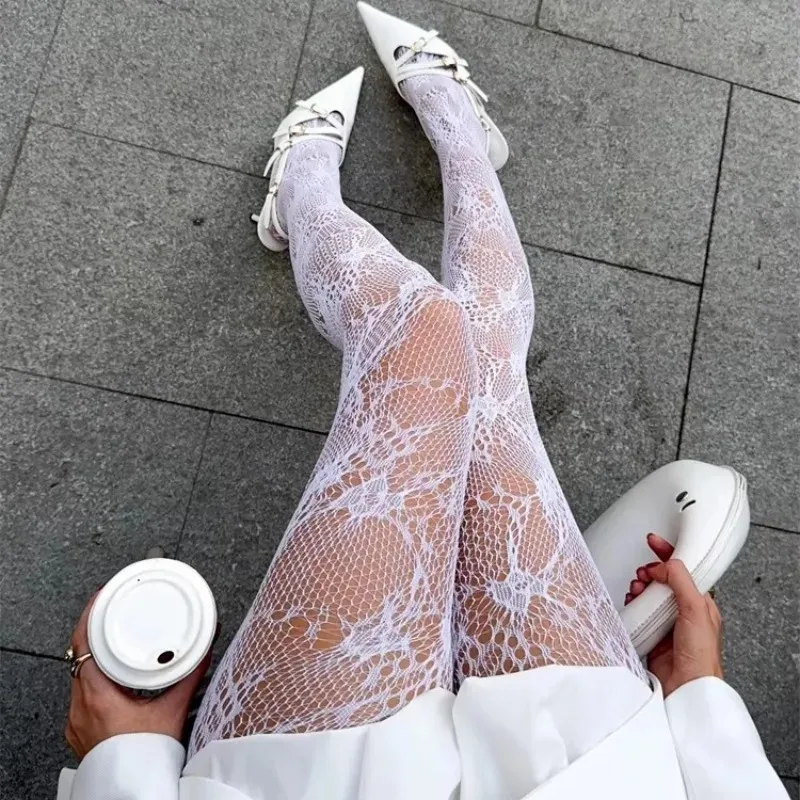 

Lolita White Patterned Tights Women Sexy Fishnet Stockings Summer Thin Flower Mesh Pantyhose Elastic High Waist Hollowed Tights
