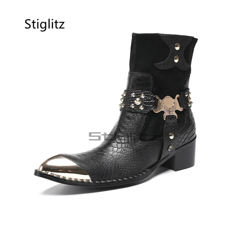 Alligator Leather Black Men's Rivet Boots Black Genuine Cow Leather High Heels Ankle Chelsea Boots Metal Toe Side Zipper Shoes