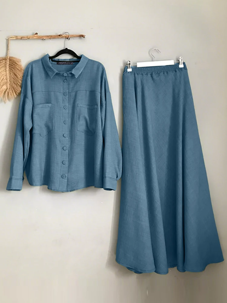 

ZANZEA, осень 2021, комплекты платьев в корейском стиле, женские винтажные комплекты с длинными рукавами и карманами, эластичная талия, макси-юбки, наряды, повседневные костюмы