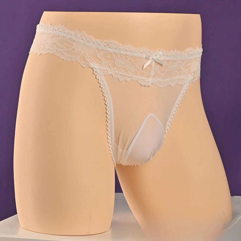 Mens Underwear Sexy Lace Hollow Thong Breathable Low Rise Transparent Briefs Lingerie Sheer Thong G-String Sissy Pouch Panties image 6