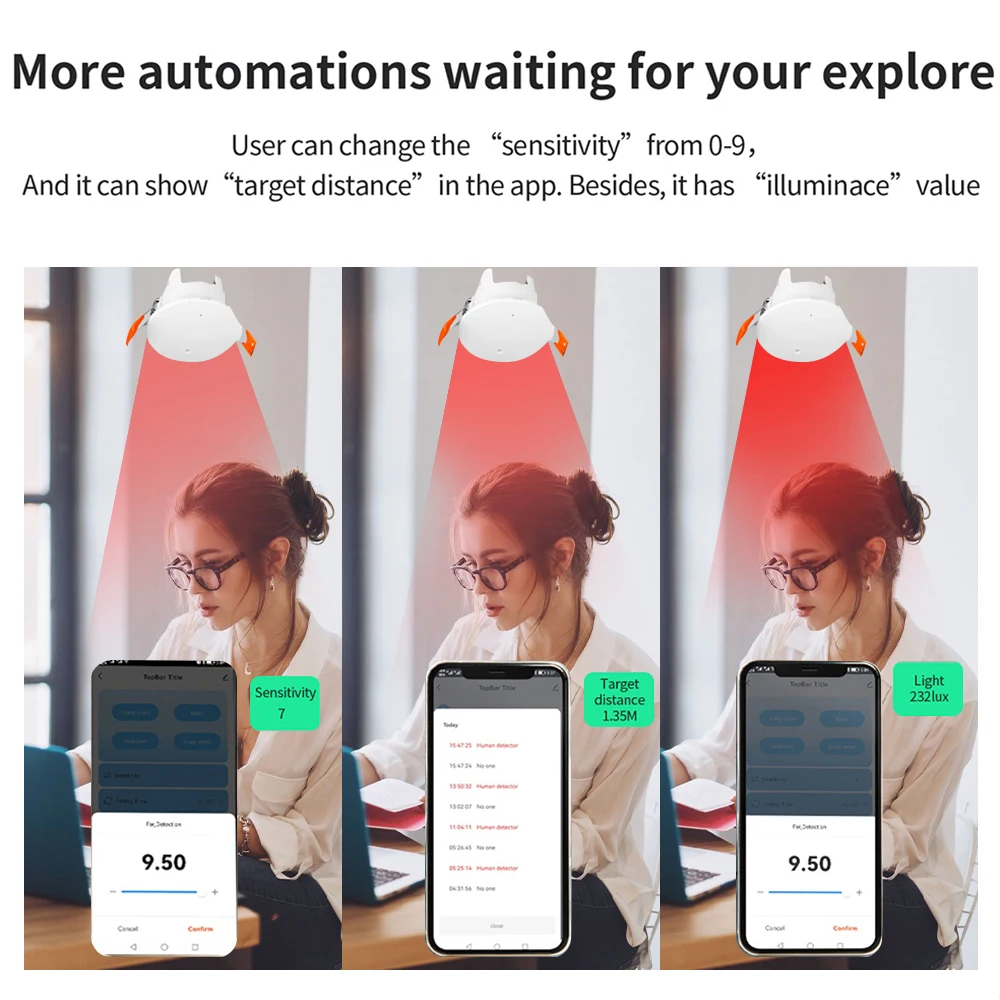 ทำงานร่วมกับ Tuya ZigBee เซ็นเซอร์ตรวจจับเอ็มเอ็มเอ็มเวฟของมนุษย์เครื่องตรวจเรดาร์เซ็นเซอร์ตรวจจับการเคลื่อนไหวไวไฟพร้อมการตรวจจับความสว่าง/ระยะทาง