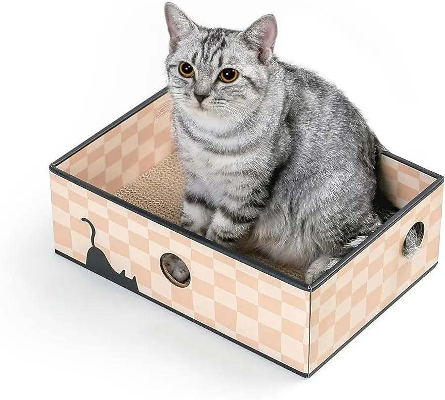 

Cat Scratcher Box with Double-Sided Cardboard Scratching Board, Heavy-Duty Lounger, Interactive Hole Design Cat Bed for Indoor C