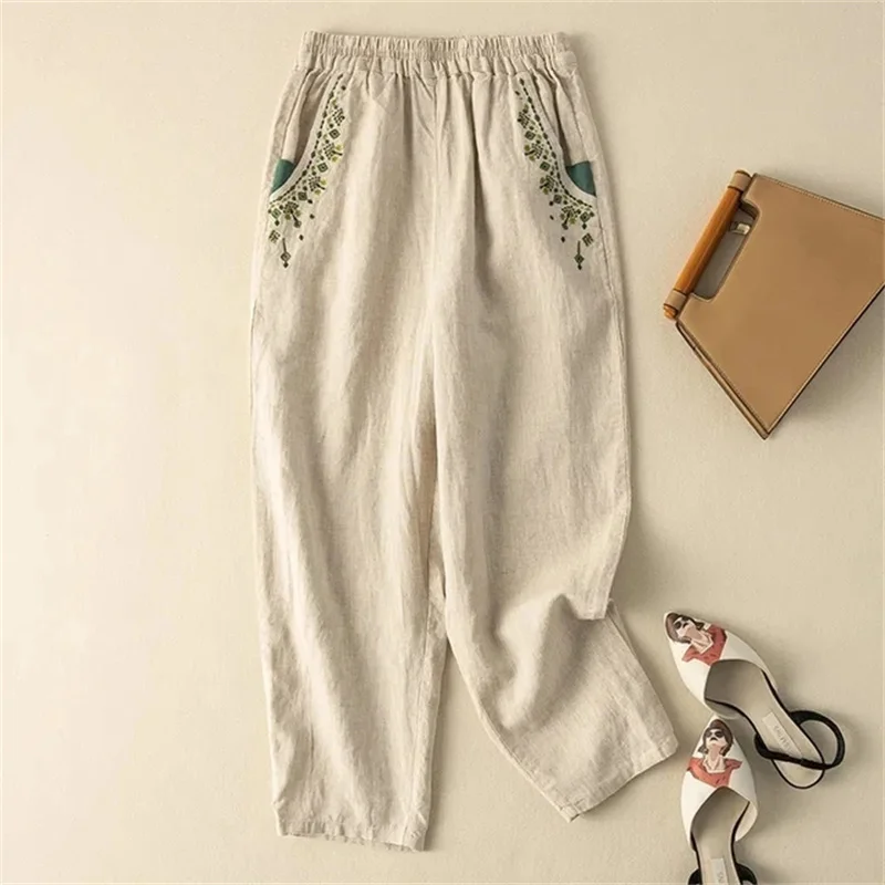 Summer Retro Style Female Embroidery Cotton Linen Radish Trousers Ladies Straight Cylinder Harlan Pantalons Nine Points Pant