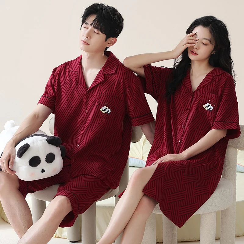 Couple Short Sleeve 100% Cotton Pajama Sets for Men Summer Korean Loose Sleepwear Pyjama Women Night Dress Homewear Home Clothes