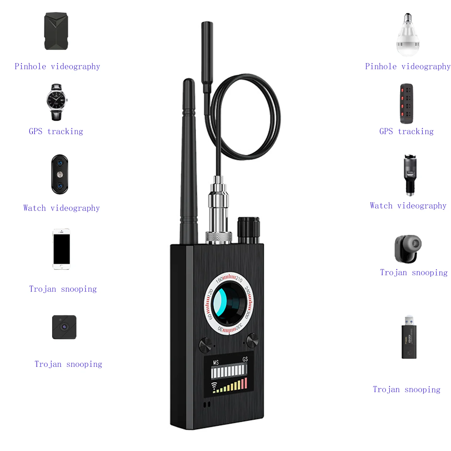 Wireless Detector 1-12000（MHz Multi function jammer signal blocker Anti-spy Camera GSM Audio GPS Signal lens RF Tracker Detect