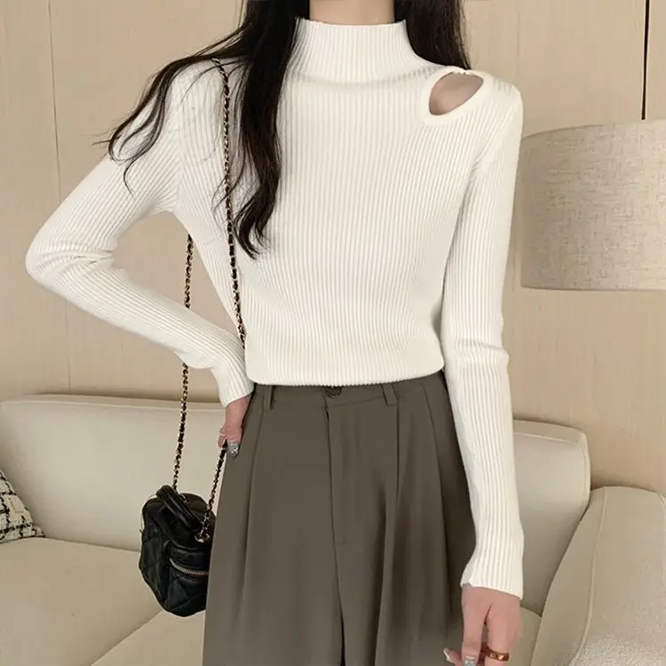Thiened f High Collar Sweater Women's Base irt oulder Exposure Hollow Design Autumn Winter New Sle Faionable Top