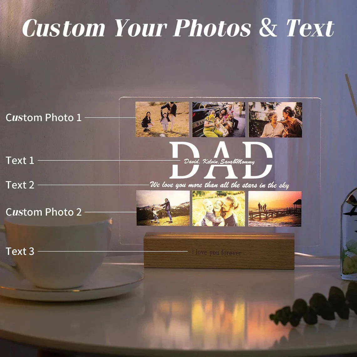 Personalizado foto texto 3d lâmpada acrílica quarto personalizado nightlight para mãe pai amor família aniversário presente do dia de natal