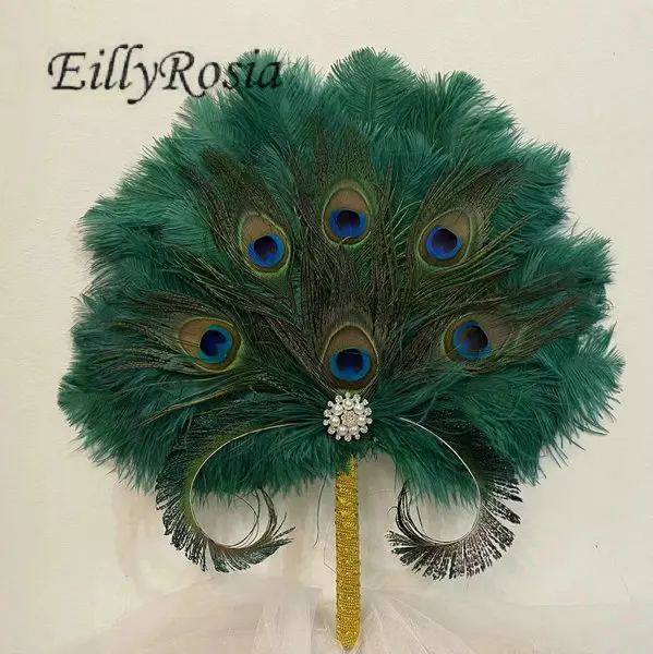 

EillyRosia Emerald Green Bridal Fan Bouquet Alternative Ostrich Feather Gatsby 1920s Wedding Hand Fan Roaring 20's Party Brides