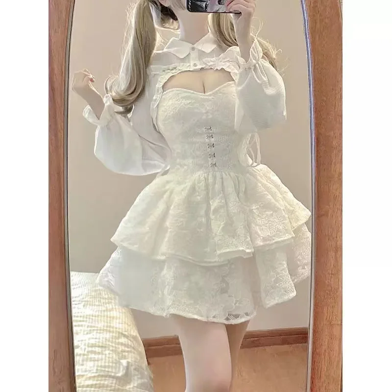 Hot Girl Lace White Kawaii Lolita Dress Woman Cascading Ruffl Long Sleeve Fairy Dress Straps Birthday Party Quinceanera Dresses