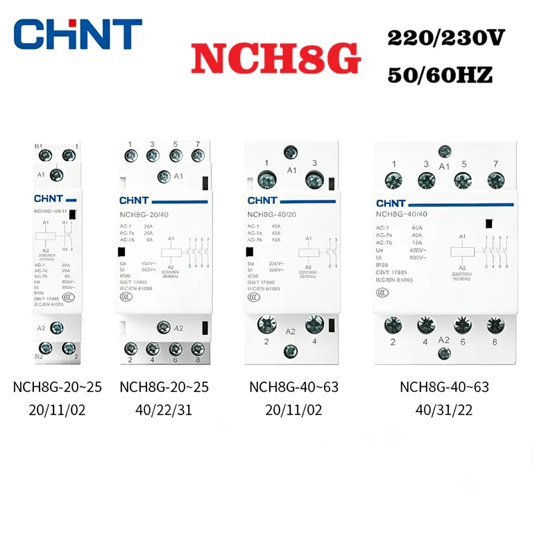 CHINT AC Contactor 220v 230V 50HZ 60HZ NCH8G 1P 20A 25A 40A 2P 4P Rail Type 2NO 2NC 1NO 1NC 4NO 4NC