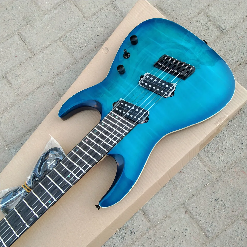 Blue Fan Fretted 7 Strings Fan Fretted Electric Guitar,Flame Maple Top Mahogany Body&Rosewood Fingerboard BJ-503