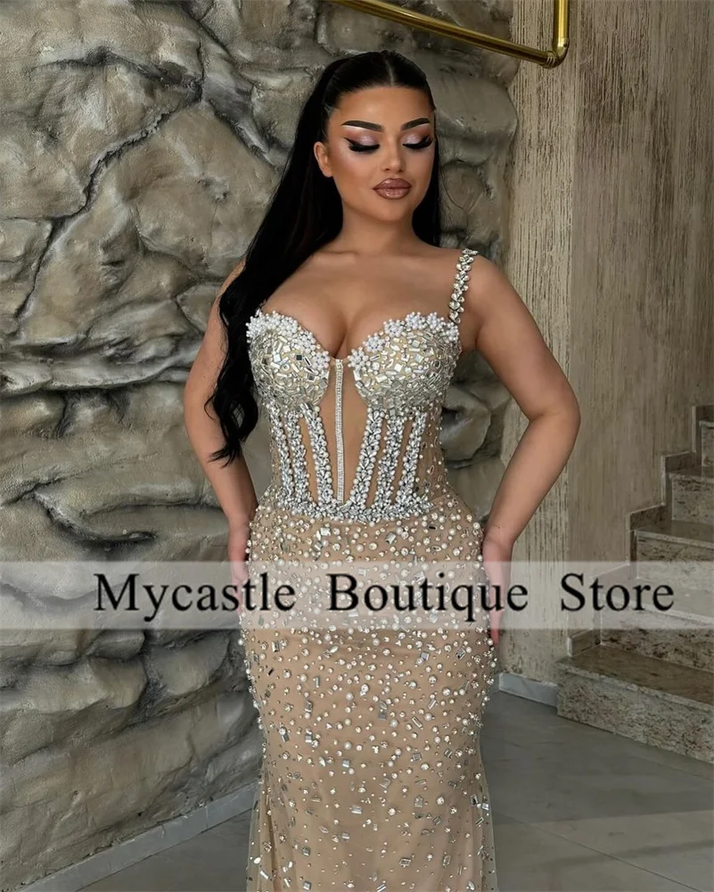 Sparkly Champagne Lace Beaded Mermaid Evening Dresses Women 2025 Luxury Crystal Birthday Party Gown Prom Dress Customized