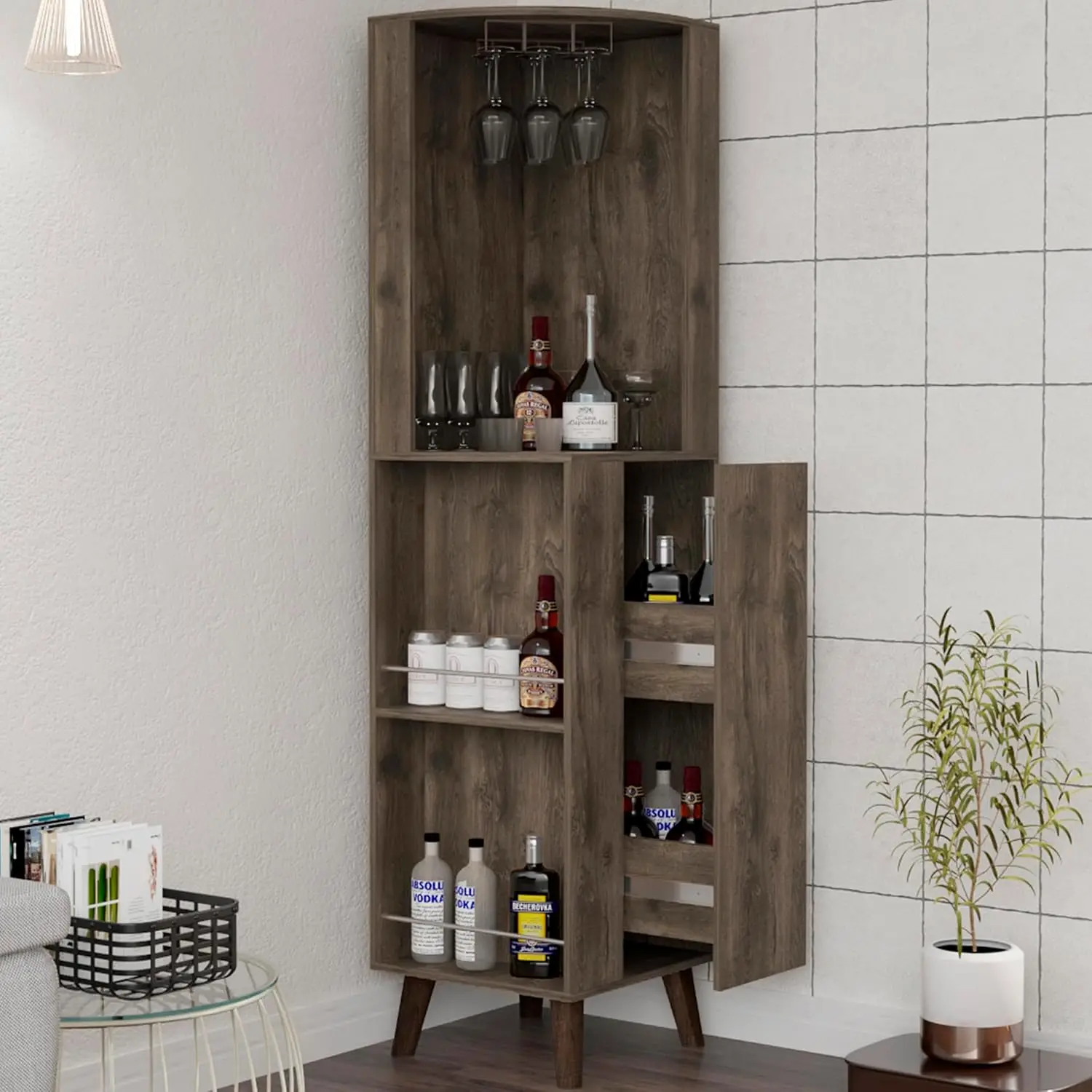 

72" Tall Farmhouse Corner Bar Cabinet w/Cup Rack 2 Shelves Drawer Brown Customized