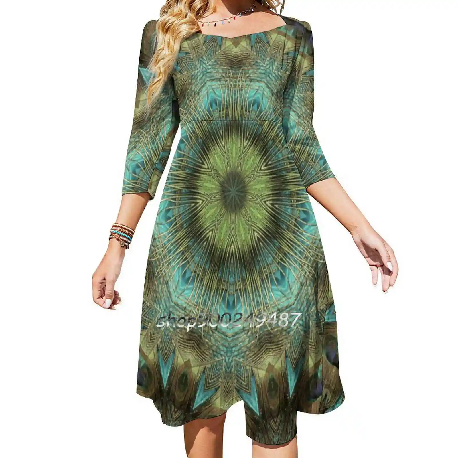 Mandala Of Peacock Eyes Evening Party Dresses Midi Sexy Dress Female Sweet One Piece Dress Korean Mandala Peacock Eyes Feathers