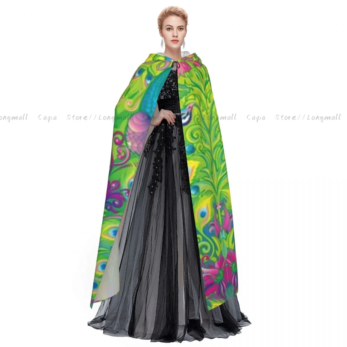 Adult Vampire Cape Hooded Robe Peacocks In The Garden Halloween Cloak Full Length Cosplay