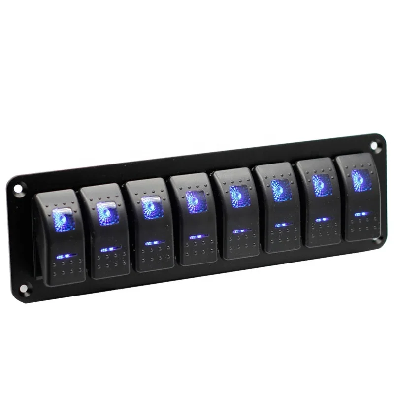 8 Gang Aluminum Panel Toggle Dash 5 Pin ON/Off Pre-Wired Rocker Blue Backlit Switch