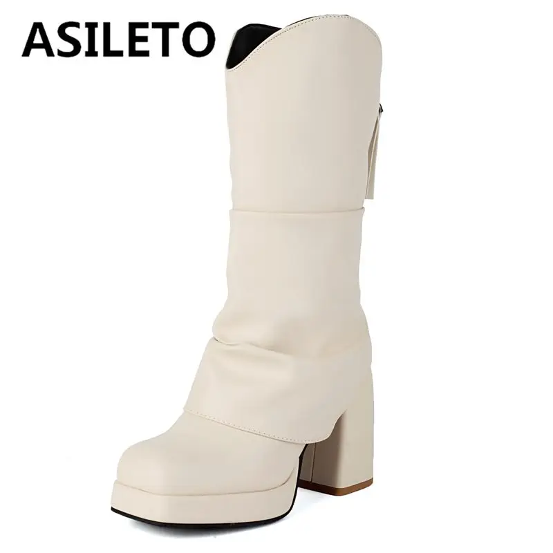 

ASILETO Design Women Boots Square Toe Chunky High Heels 9cm Platform Hill Zipper Pleated Plus Size 45 46 47 Fashion Daily Bota