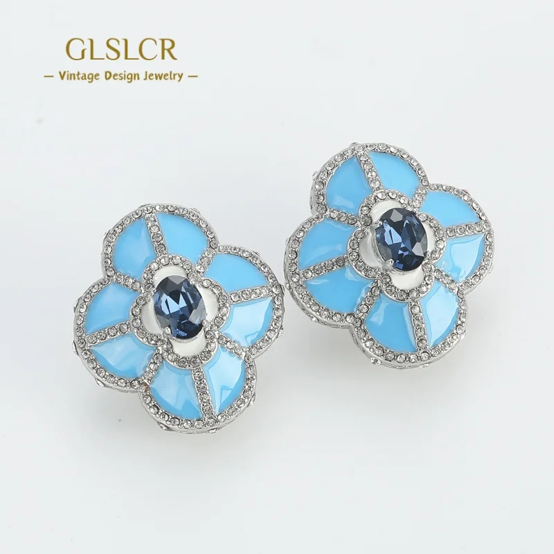 

Vintage Blue Glaze Crystal Stud Earring Four Leaf Clover For Women Gold Color Rhinestone Luxury Designer Jewelry Anniversary New
