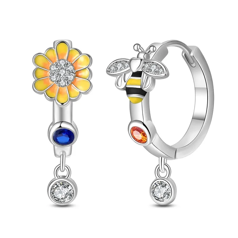 

New 925 Sterling Silver Bee Flower Hoop Earrings Sparkling Zircon Earrings For Women Fine Birthday Anniversary Jewelry Gifts