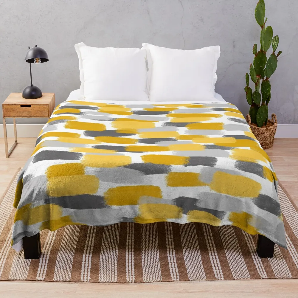 

Grey and Mustard Yellow Paint Brush Effect Throw Blanket Flannel Blanket Fashion Sofa Blankets Warm Blanket