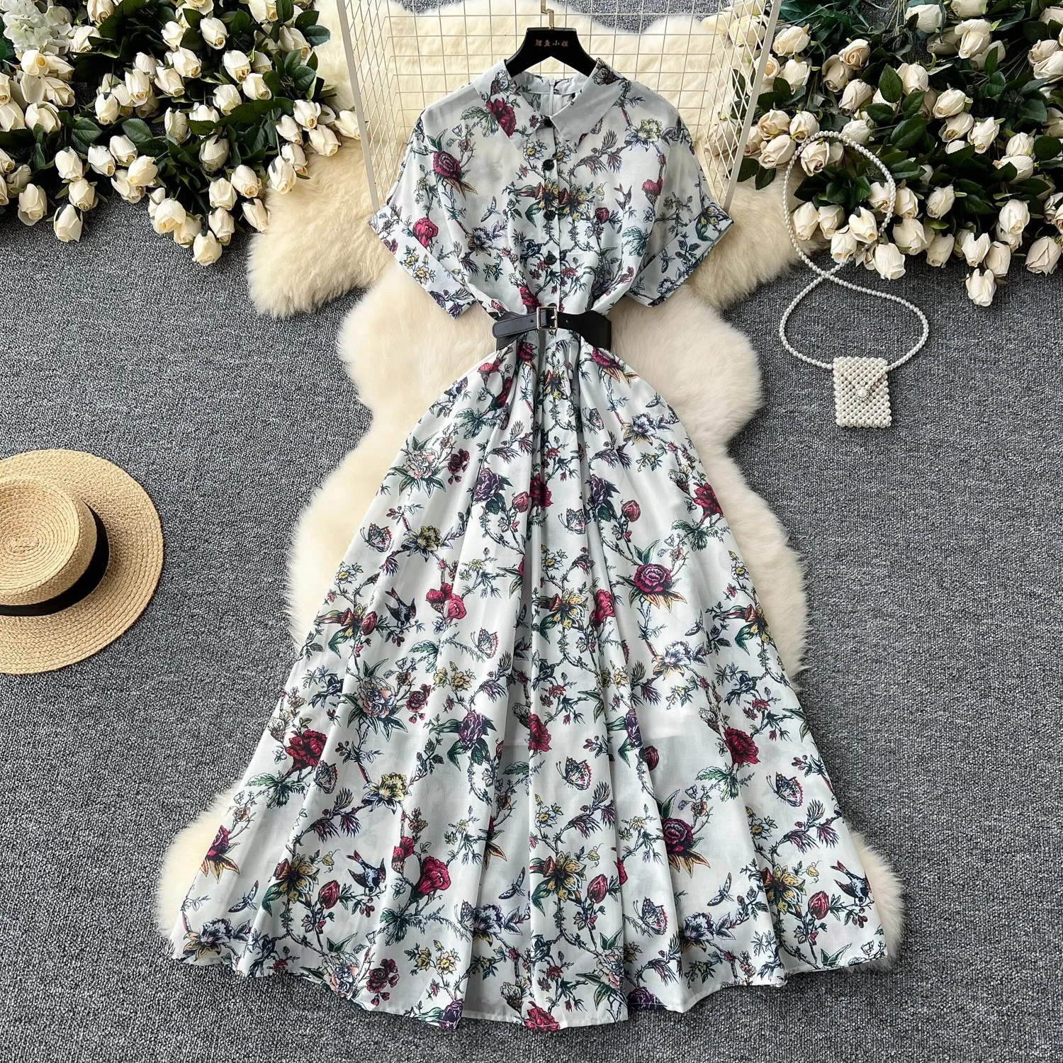 French Vintage Print Lapel Dress Women's Short Sleeve Floral Print High Waist Belt Office Lady Maxi Clothing Female Vestidos