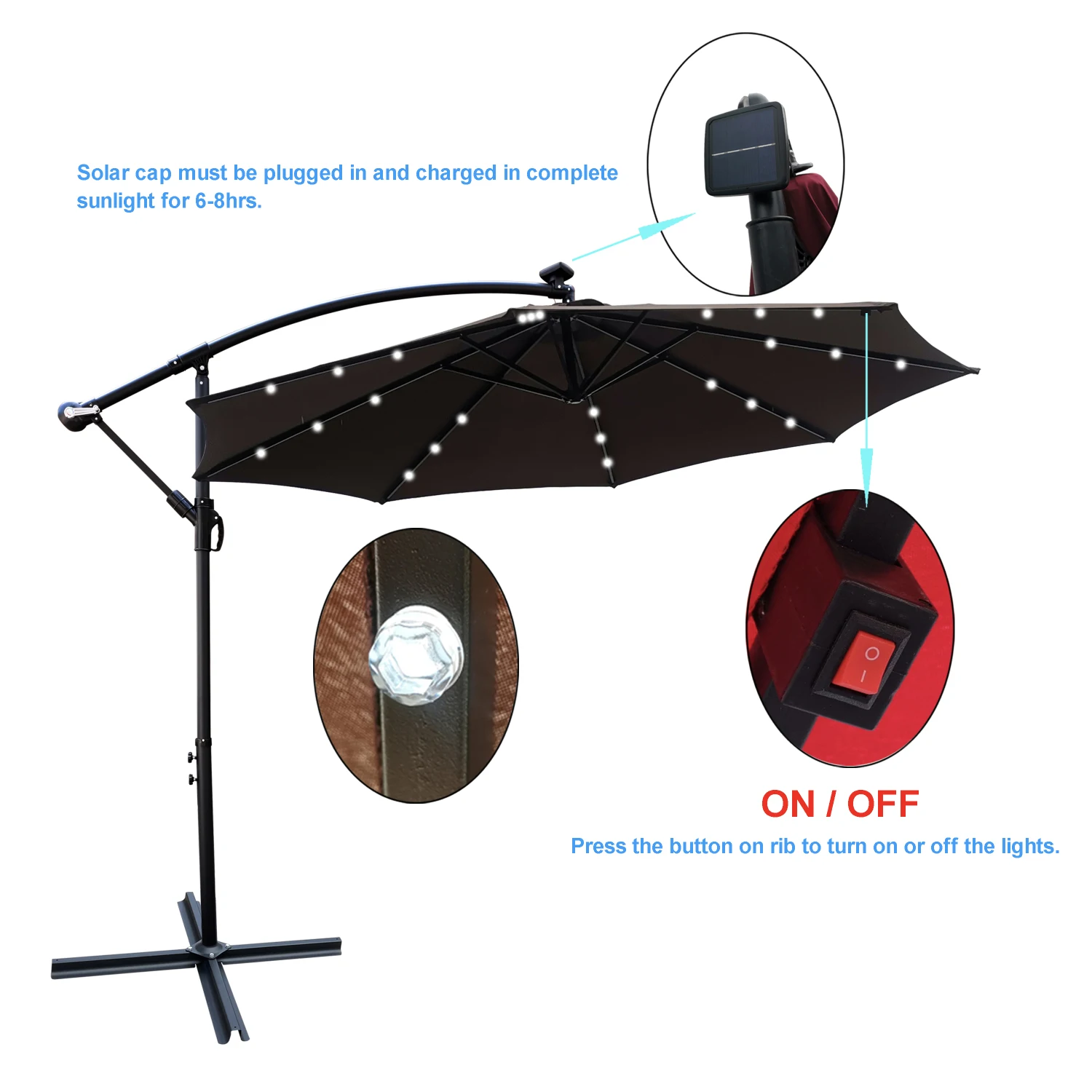 

10 ft Outdoor Patio Umbrella Solar Powered LED Lighted Sun Shade Market Waterproof 8 Ribs Umbrella with Crank and Cross Base for