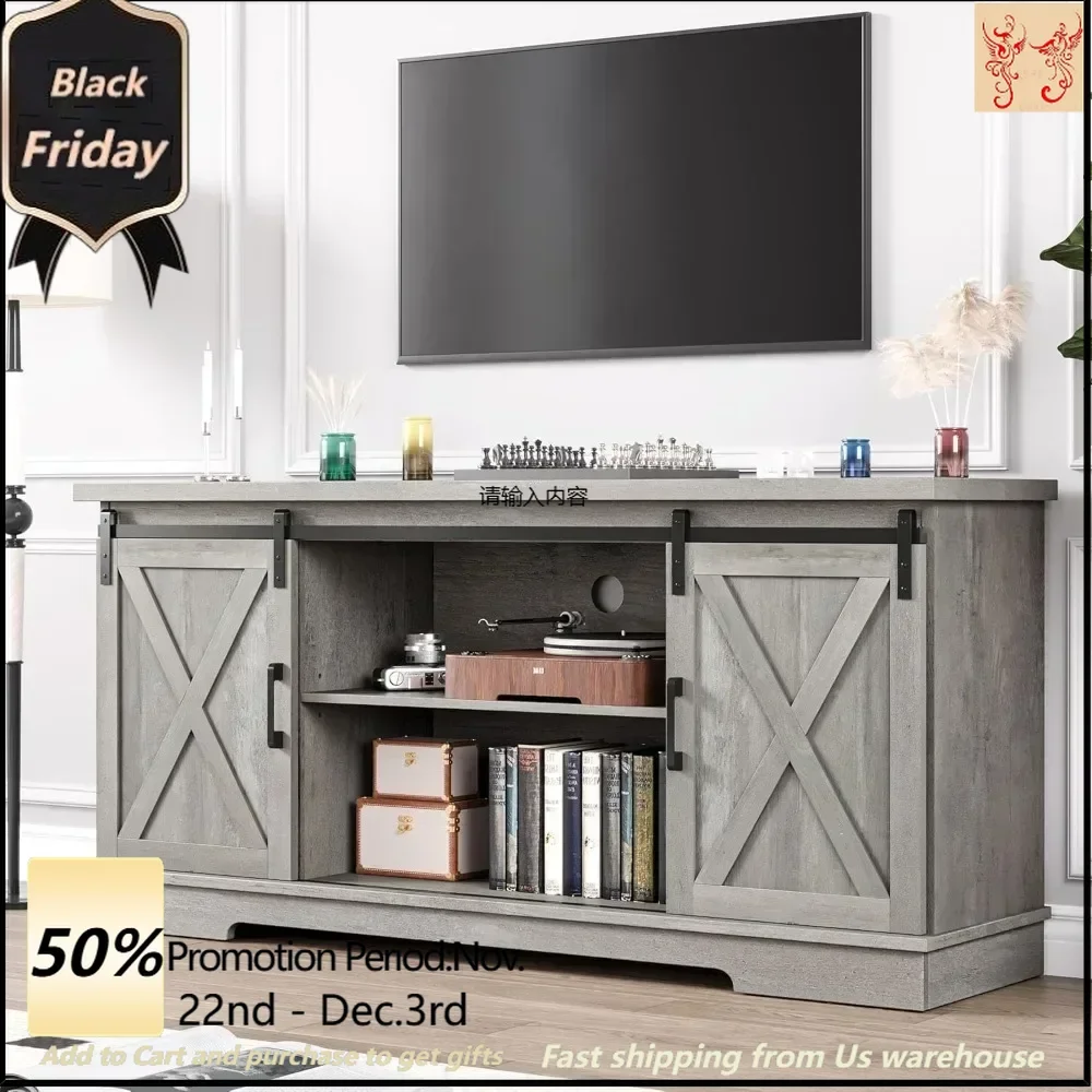 

Grey farmhouse cupboards, 65" TV cabinet with storage, barn doors and shelves, modern TV console living room table furniture