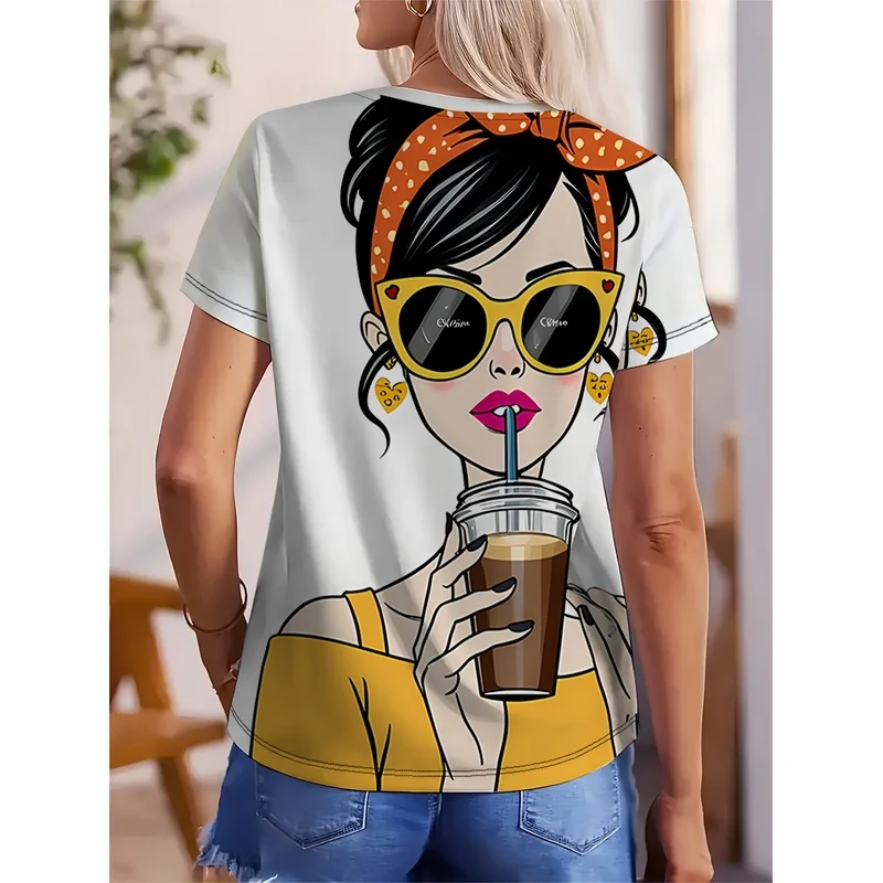 Women's Retro-Style V-Neck Short-Sleeve T-Shirt - Bold Vector Illustration Print - Playful Chic Figure Vibrant Colors Minimalist