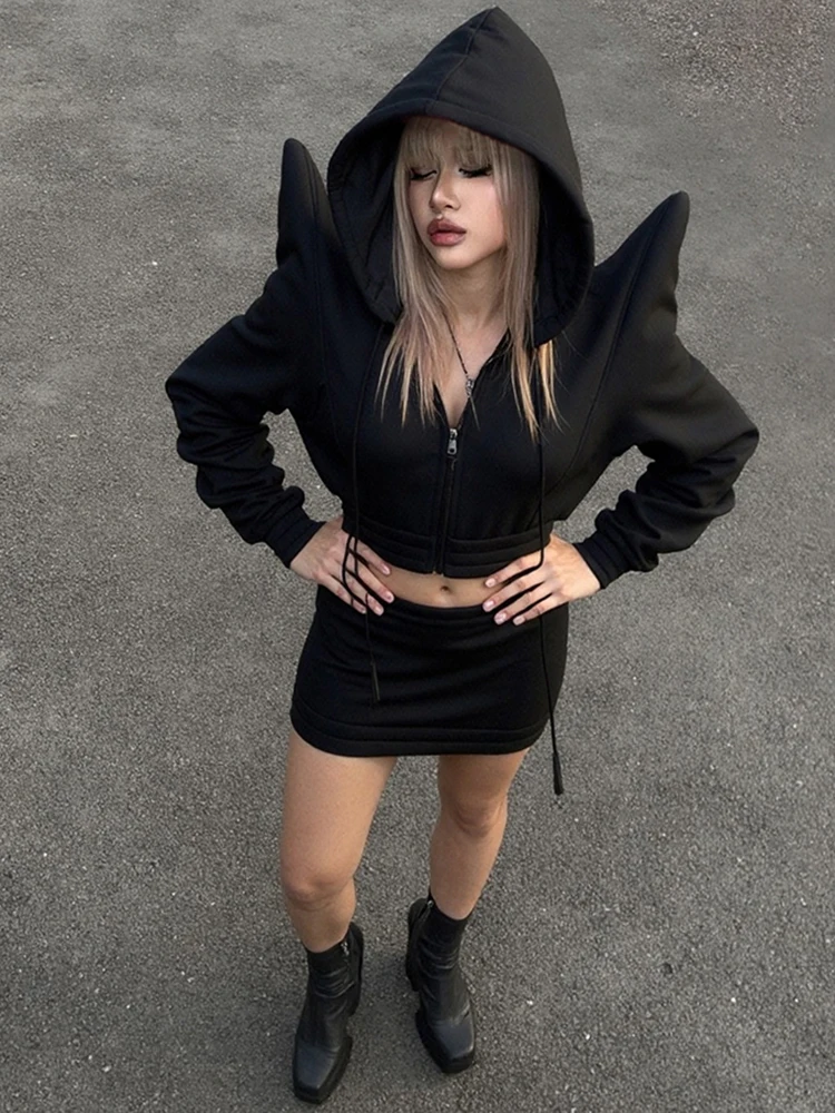 

Cutenew Autumn Horn Women Crop Jacket Hipster Full Sleeve Zip Street Y2K Festival Wild Hooded Casual Basic Elastic Waist Coat