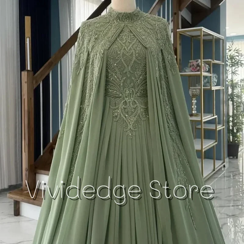 Vestidos de noche musulmanes de cuello alto, color verde oliva, personalizados, manga larga, chal, encaje con cuentas, plisado, vestidos de fiesta árabes