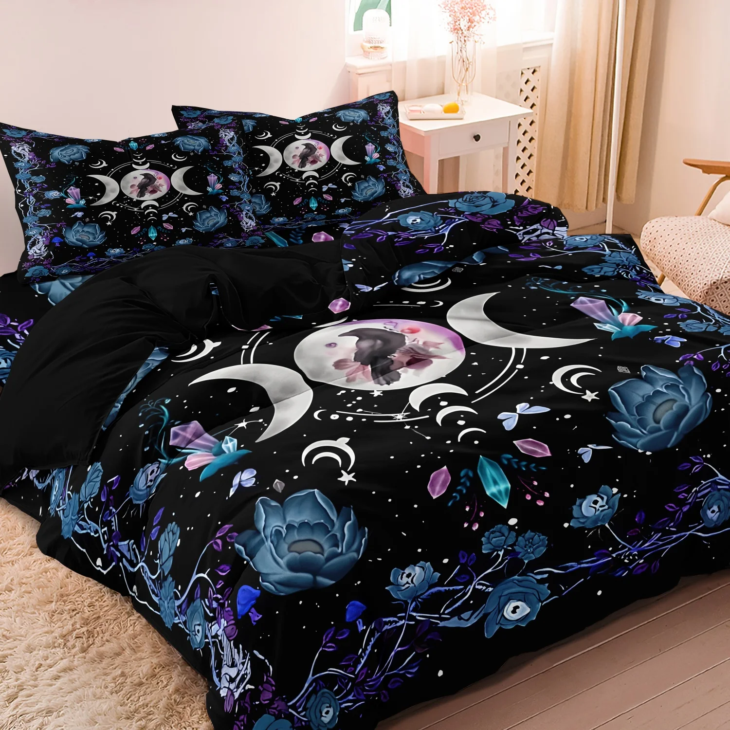 3pcs Vintage Bohemia & Sun, Moon &Flowers Print Bedding Duvet Cover Set,(1 Duvet Cover & 2 Pillowcase,No Core )
