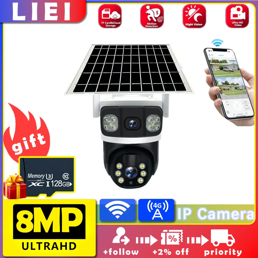 

LIEI 4K 8MP Dual Lens Solar Camera Outdoor Security WiFi Surveillance Cameras Solar Panel Human Detection 4G SIM PTZ CCTV Camera