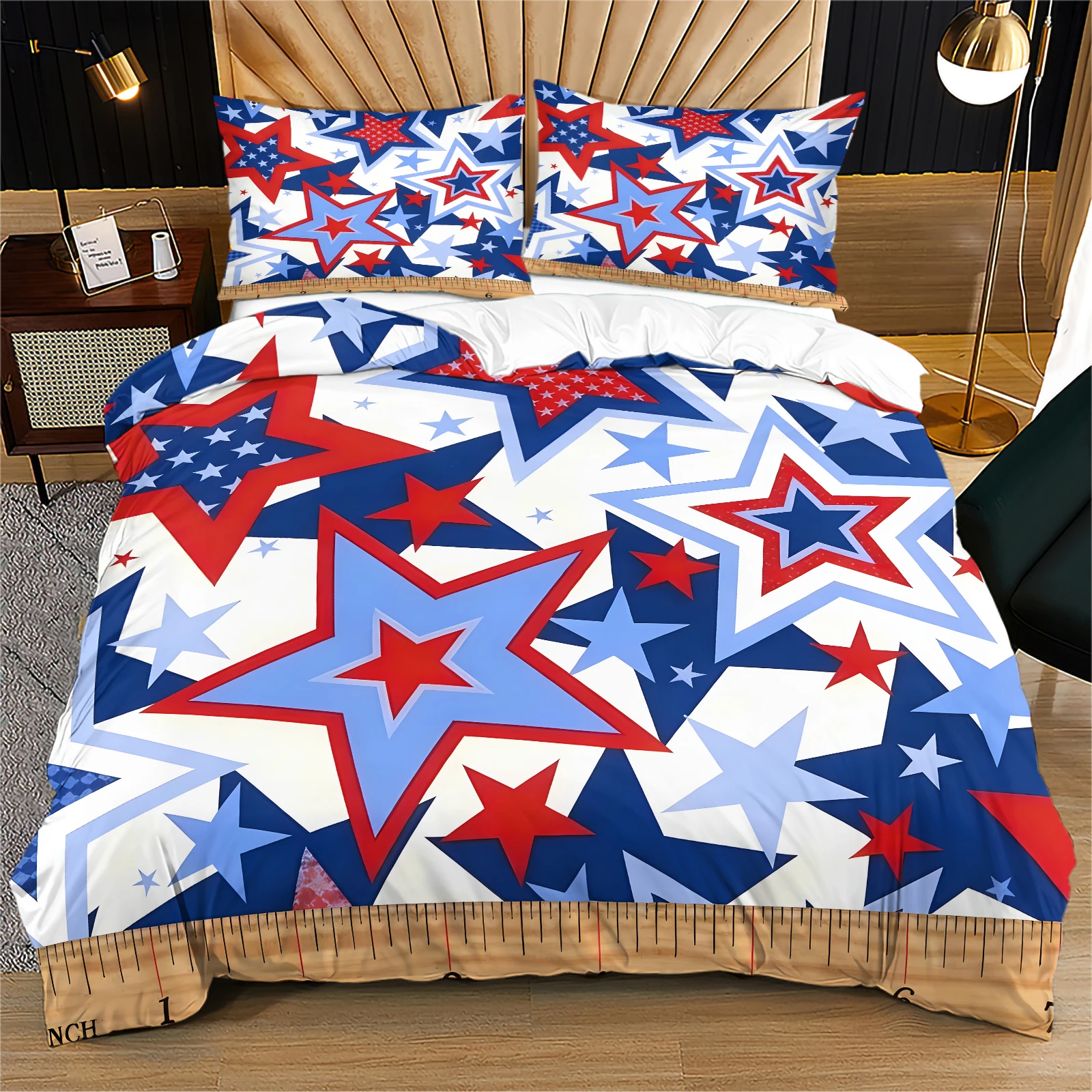 Red White Blue Star 4th of July Patriotic Ruler Border 2/3-Piece Duvet Cover Set USA Independence Day Geometric Star Bedding