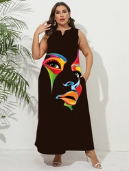 Plus Size Lady Summer Black Long Dress Sleeveless V-neck Face Print Casual Elegant Dresses Vintage Maxi Dress For Women 2023