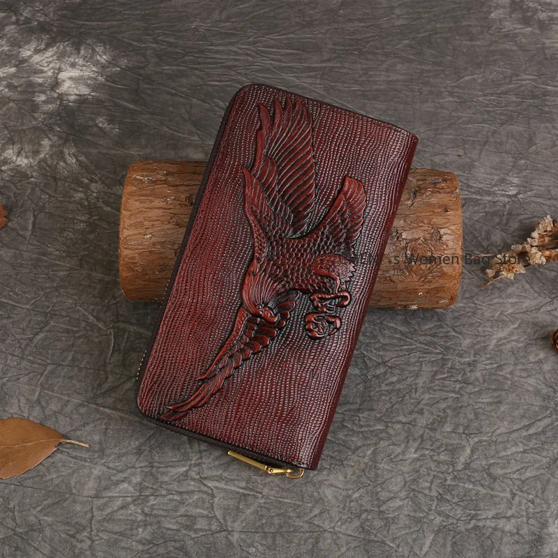 

Новый мужской кошелек для монет из натуральной кожи с тиснением из натуральной яловой кожи, длинная сумка на молнии с ручкой, кошелек с принтом орла, держатель для карт