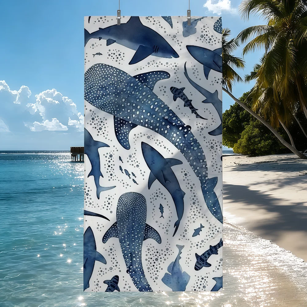 Serviette de plage à imprimé requin-baleine, séchage rapide, idéale pour la piscine, le camping, le yoga et la salle de sport._voghion.com