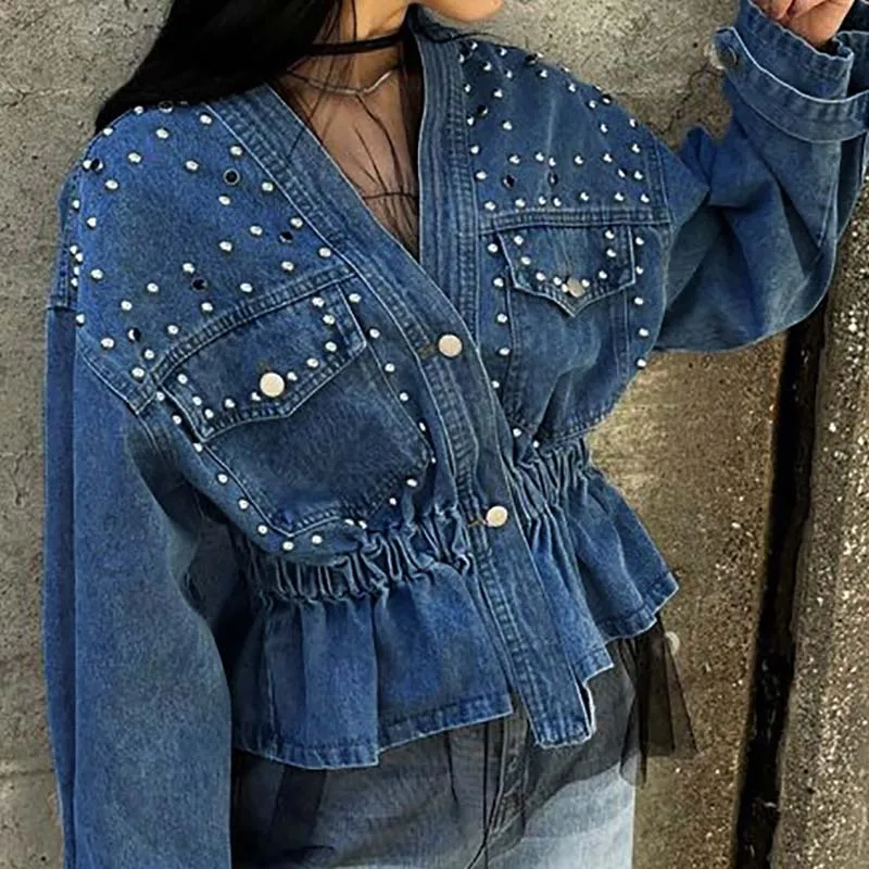 

Beading Patchwork Button Denim Jacket Fashion V-neck Long Sleeved Waist Cinched Jacket Vintage Commuter Women's Autumn Outwear