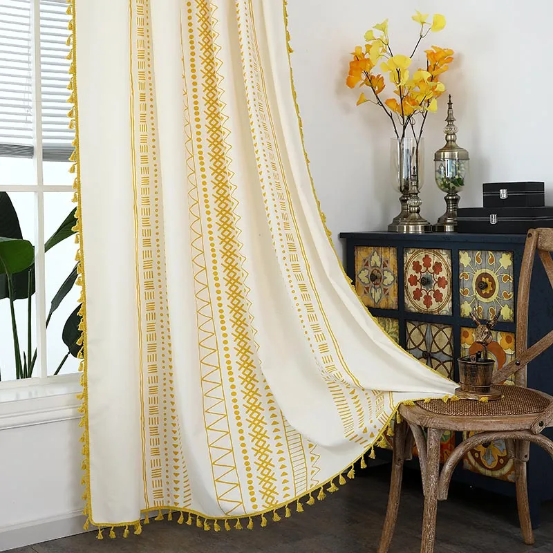 

Cotton Geometry Thick Window Curtain with yellow Tassels Blackout Valance for The Luxury Living Room Curtains for Living Room