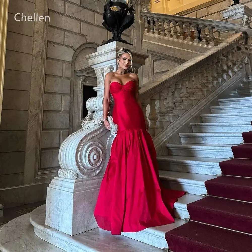

Customized Red Strapless Mermaid Prom Dress Simple Taffeta Vestidos De Noche Floor-Length Lace-up Back Formal Evening